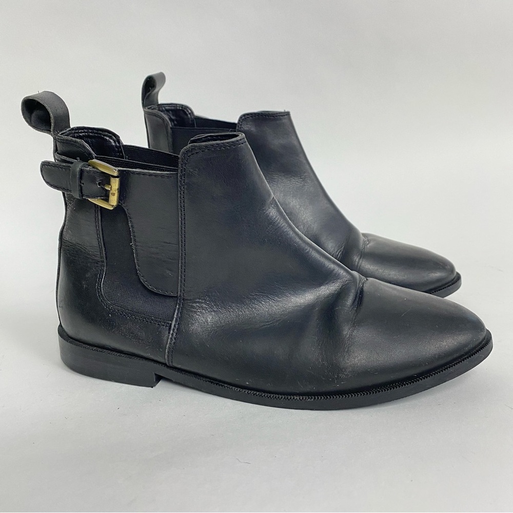 TopShop Black Flat Ankle Boots Chelsea Buckle Leather Size 6